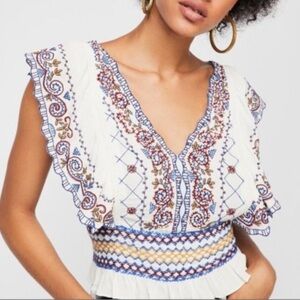 Free People New Holland Park Embroidered White and Blue Top